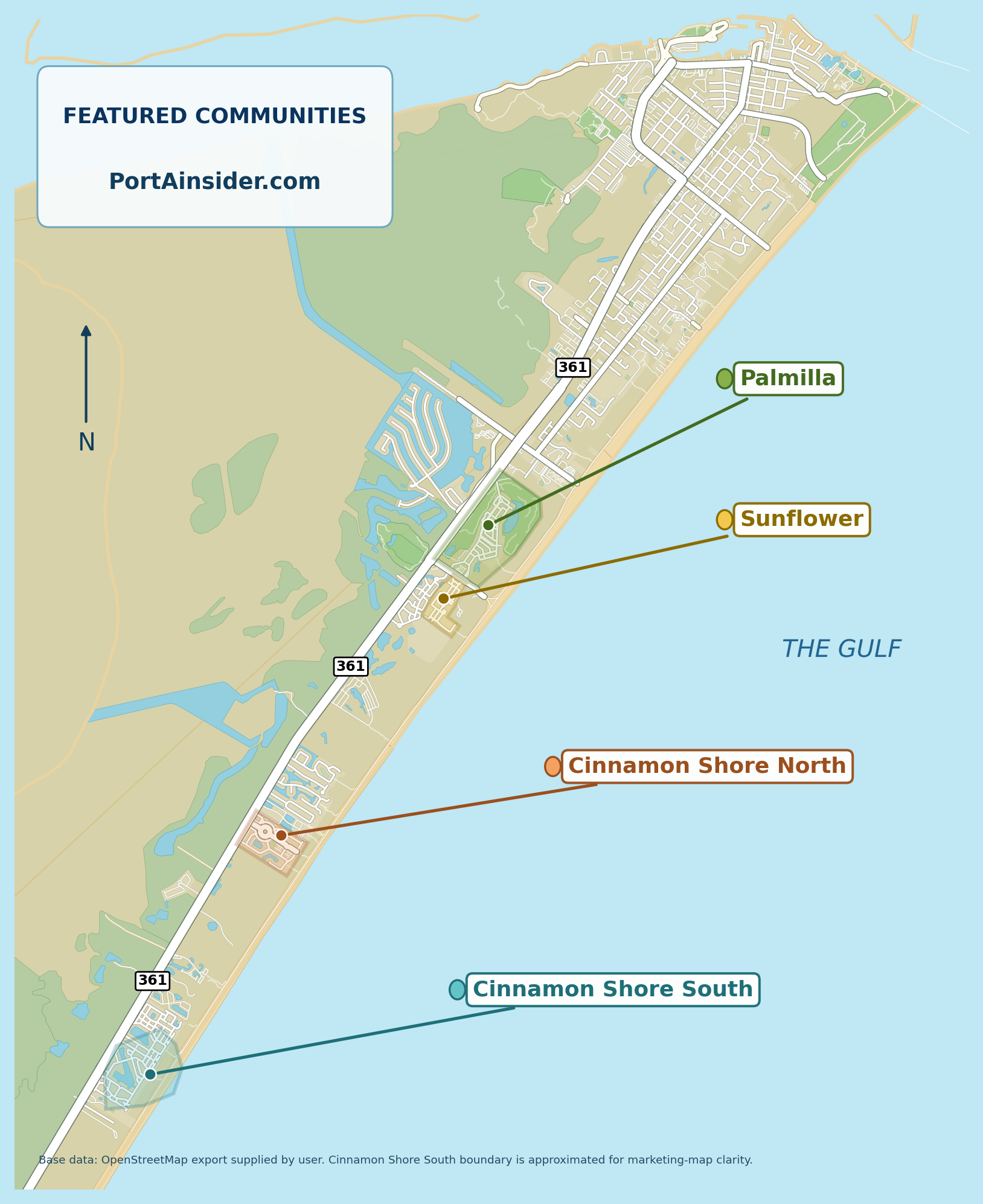 Full-island map of Mustang Island showing all four Port Aransas resort communities: Cinnamon Shore North, Cinnamon Shore South, Palmilla Beach, and Sunflower Beach.