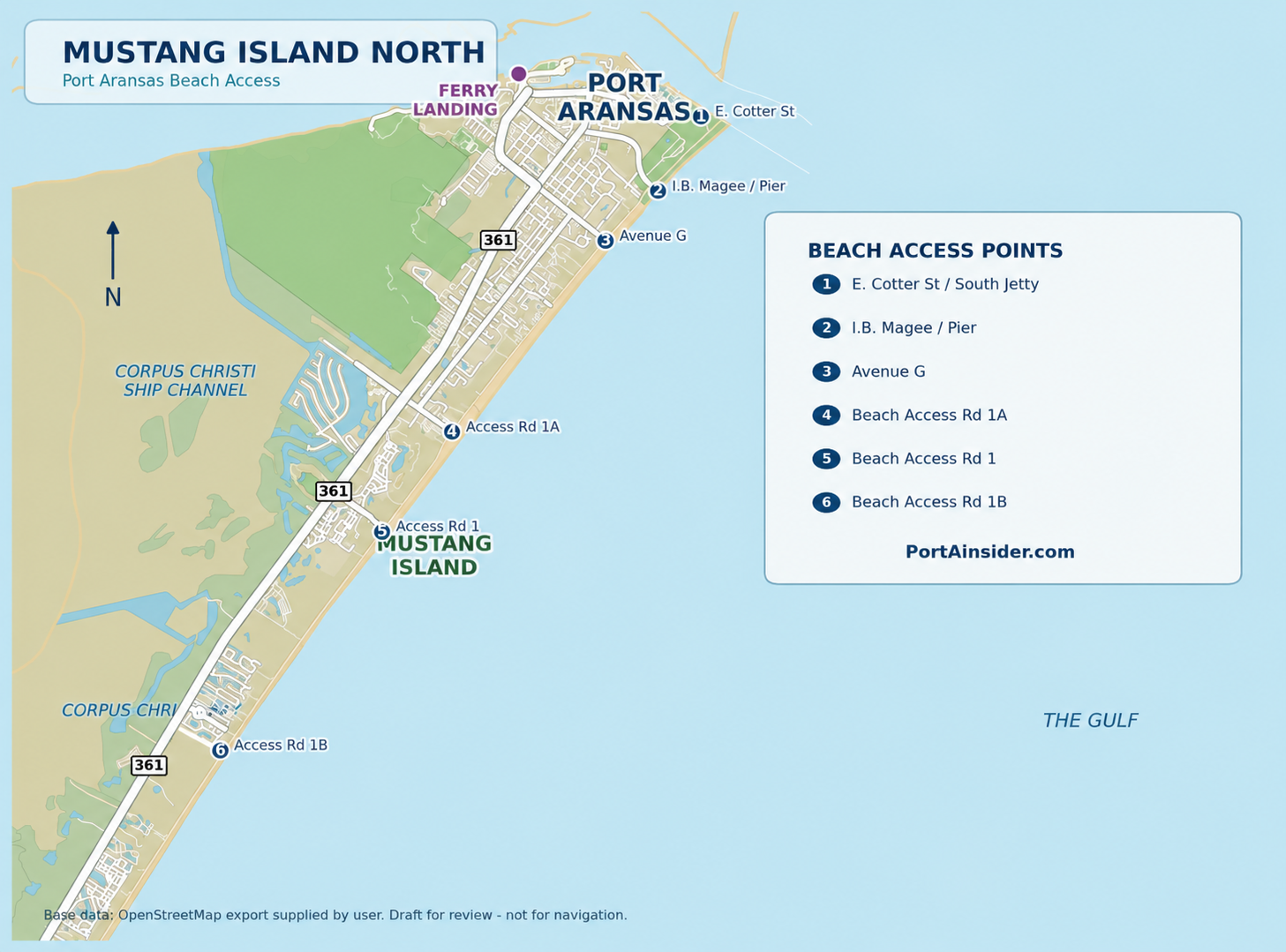 Map of north Port Aransas beach access points: E. Cotter Ave to the jetty, Beach St to I.B. Magee Beach Park and Horace Caldwell Pier, G Street, and Sandcastle Dr off 11th St.