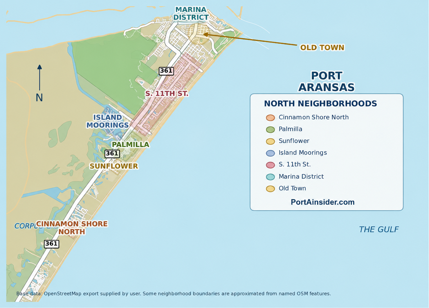 Map of northern Port Aransas neighborhoods around the town core, harbor, and north beach access points.