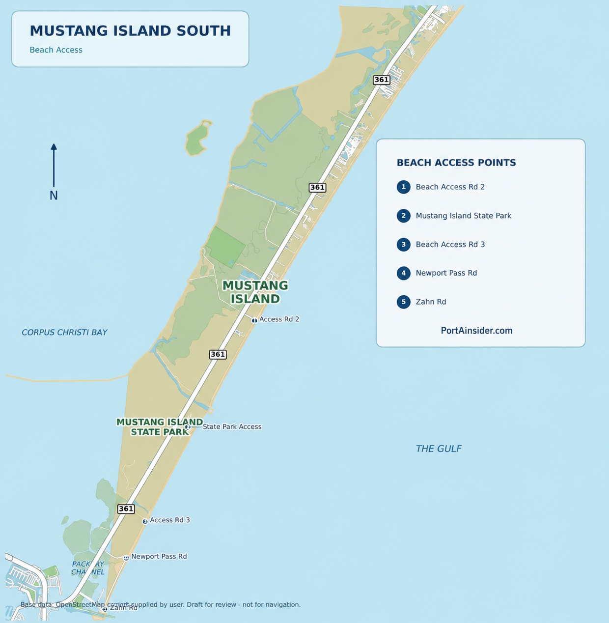 Map of south Port Aransas beach access points along Highway 361: Beach Access Roads 1A, 1, and 1B heading south toward Mustang Island State Park.