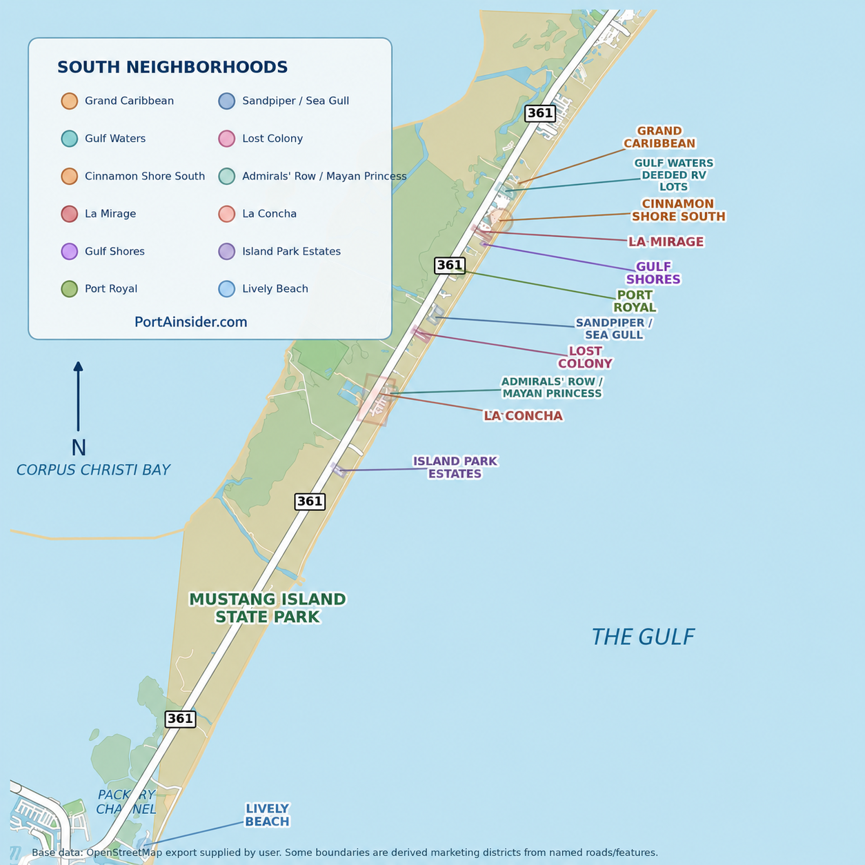 Map of southern Mustang Island neighborhoods along Highway 361, including the resort communities and lower-density areas.